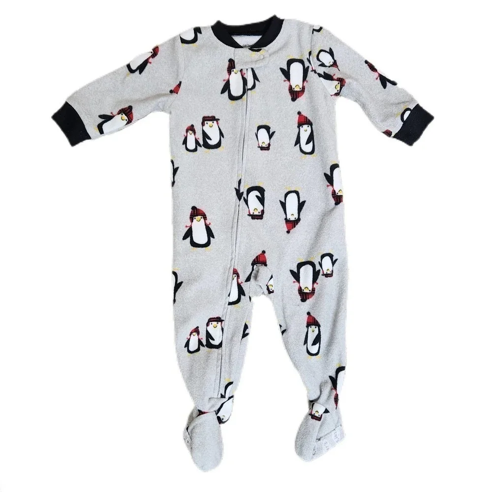Carter's Penguin One Piece Sleeper Feet Baby Size 12 Months Gray With Black Trim